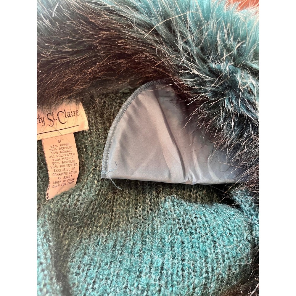 Vintage Teal Faux Fur Collar Jacket Turquoise Stone Tassel Sz S Carly St Claire - Picture 15 of 15